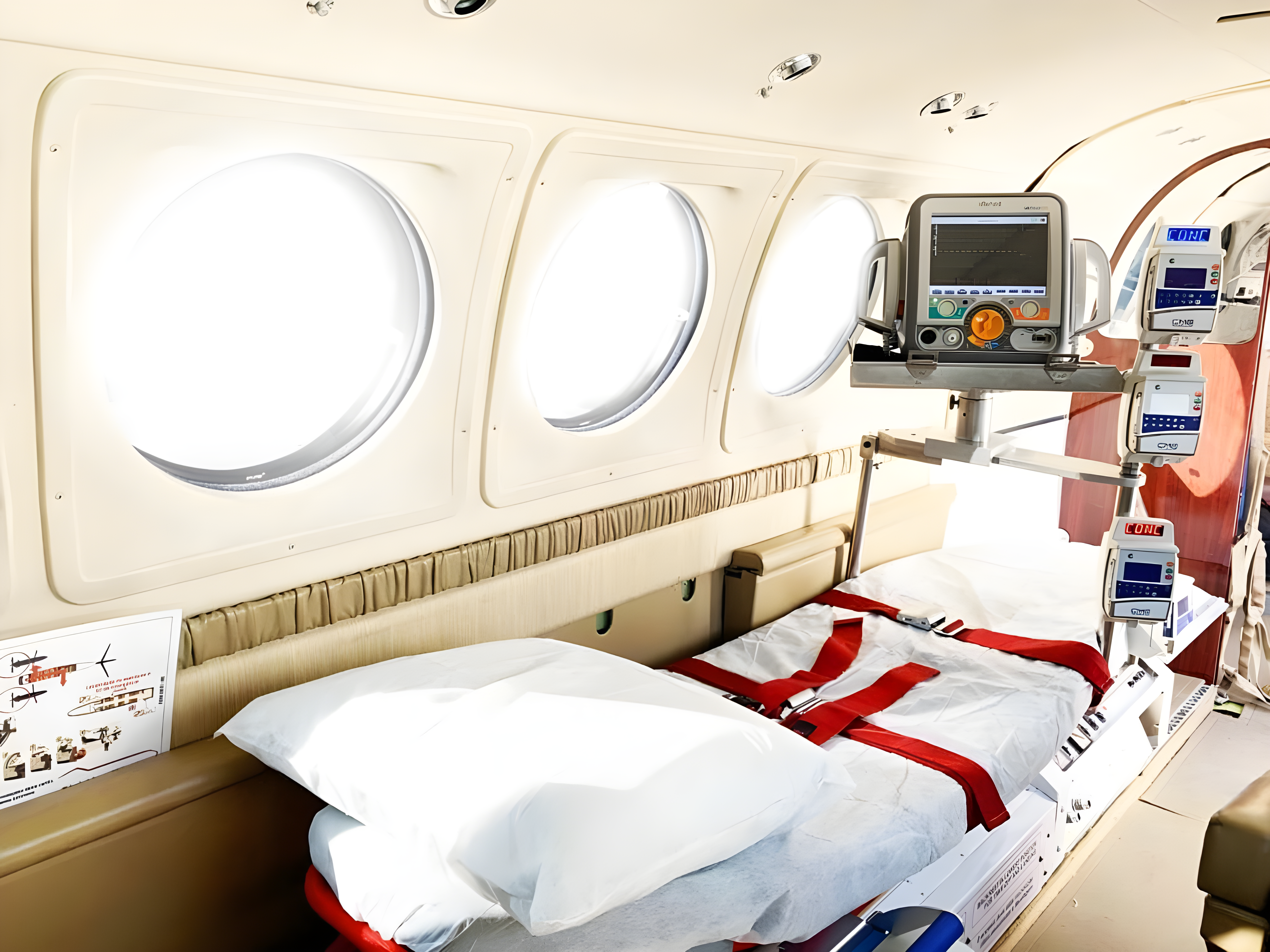 Cabine de aeronave equipada como UTI aérea, com maca e monitores